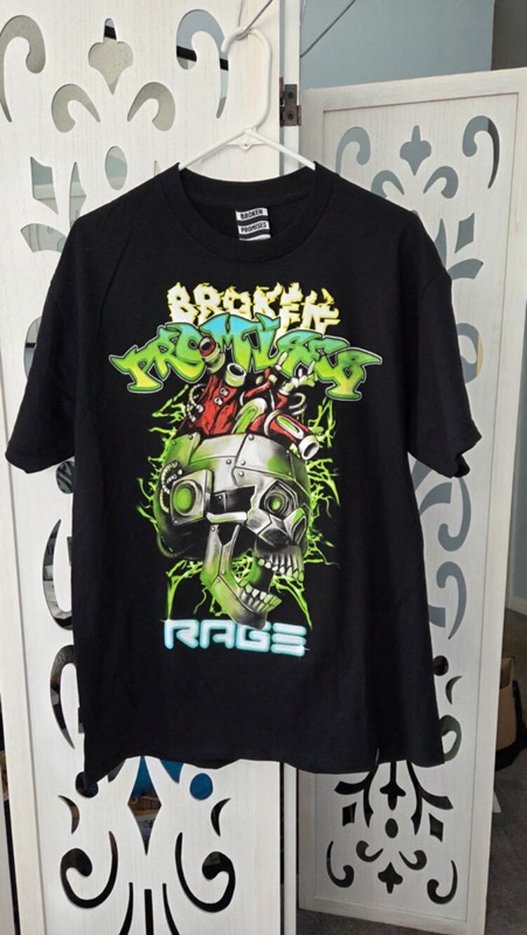 Broken Promises Rage Graphic Tee Mens L Black NWOT Streetwear Skull Neon Punk